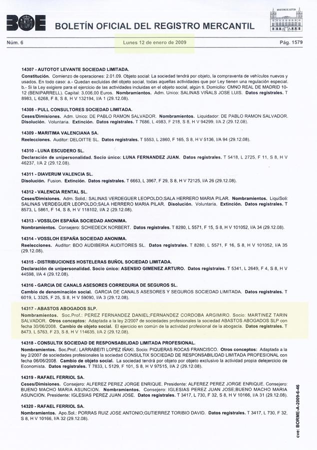 Entrada de Salvador Martínez como socio de Abastos. Boletín Oficial del Registro Mercantil (Borme) del 12 de enero de 2009.