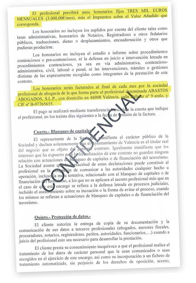 Contrato entre la EMT y Salvador Martínez que prueba la facturación del sueldo del secretario a través del despacho abastos abogados.