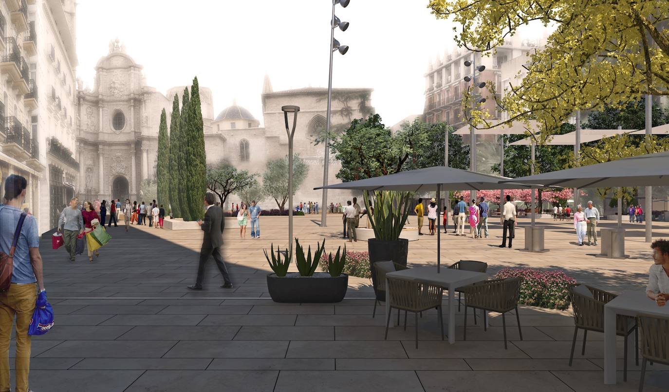 Imágenes del proyecto de remodelación que ha sido adoptado por el Ayuntamiento de Valencia para remodelar las plaza de la Reina.