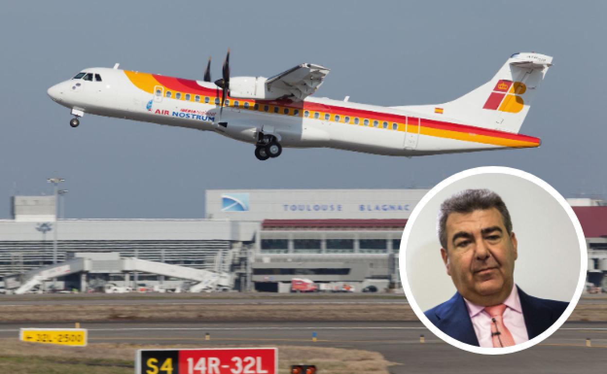 Avión de Air Nostrum despegando y Carlos Bertomeu, presidente y máximo accionista de la compañía.