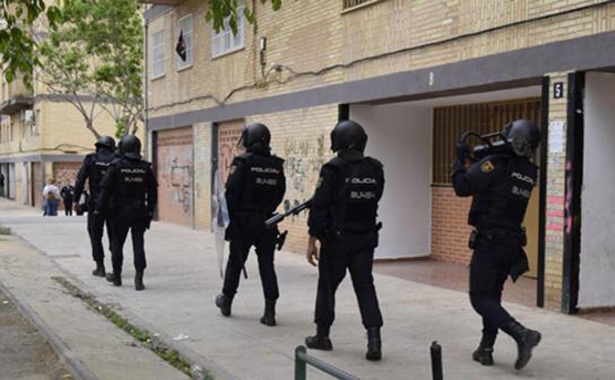 Policías con equipamiento antidisturbios, en el lugar donde se han producido el decomiso de gallos de pelea, en Burjassot.