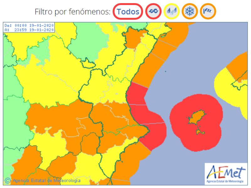 Alertas roja, naranja y amarilla en la Comunitat para el domingo.