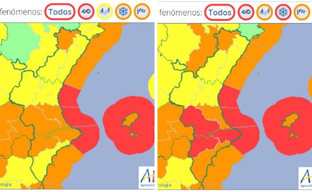 Así ha cambiado los niveles de alerta para hoy domingo, lanzados el sábado por la mañana (izquierda) y actualizados después.