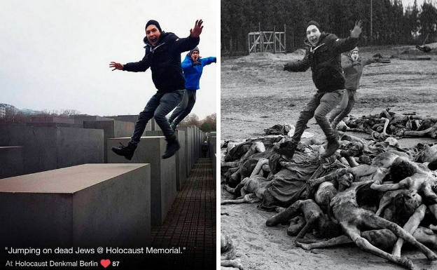 El usuario compartió la fotografía con el mensaje: «Saltando sobre judíos muertos en el Memorial del Holocausto». A la derecha, el montaje fotográfico de 'Yolocaust'.