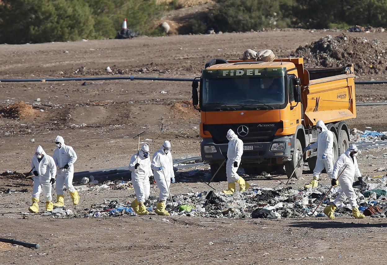 Un grupo de agentes junto a la basura rastreada. 