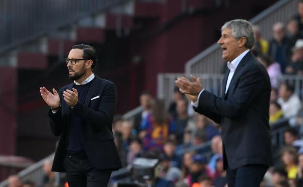 José Bordalás y Quique Setién, durante el Barcelona-Getafe.