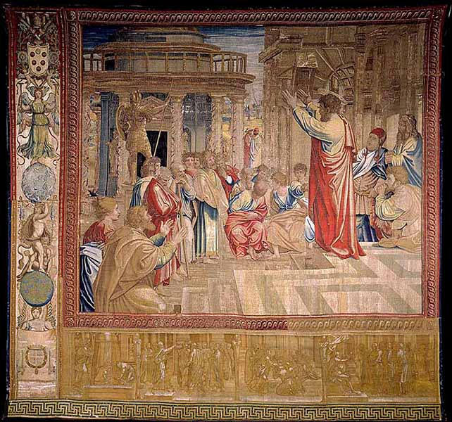 Después de que los papas Sixto IV (1471-1484) y Julio II encargaron decorar las paredes y la bóveda de la Sixtina a Miguel Ángel, León X (1513-1521) quiso dar su contribución a la capilla pontificia y llamó al joven Rafael para que realizase unos cartones con las historias de los apóstoles para posteriormente realizar una serie de tapices destinados a cubrir la parte inferior de las paredes, que están pintadas con cortinas falsas.