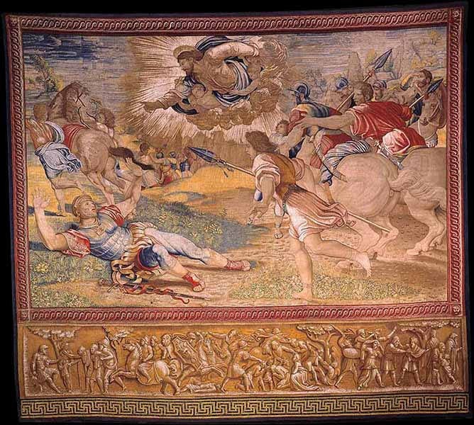 Entre 1515 y 1516 Rafael concibió un gran ciclo monumental con el historias de la vida de San Pedro y San Pablo que fueron enviados a Bruselas para la realización de los tapices en el famoso taller del tejedor Pieter van Aelst, y las diez obras llegaron al Vaticano entre 1519 y 1521.
