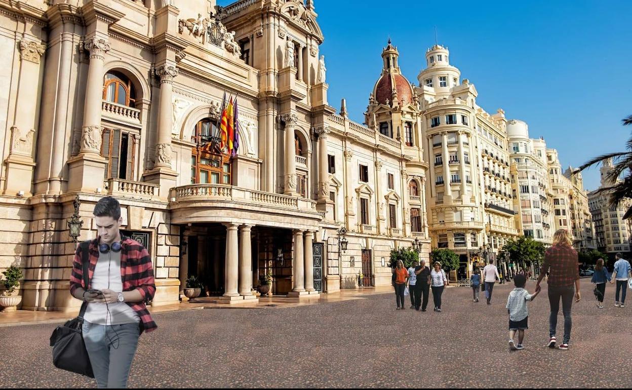 Recreación virtual de la peatonalización de la plaza del Ayuntamiento de Valencia.