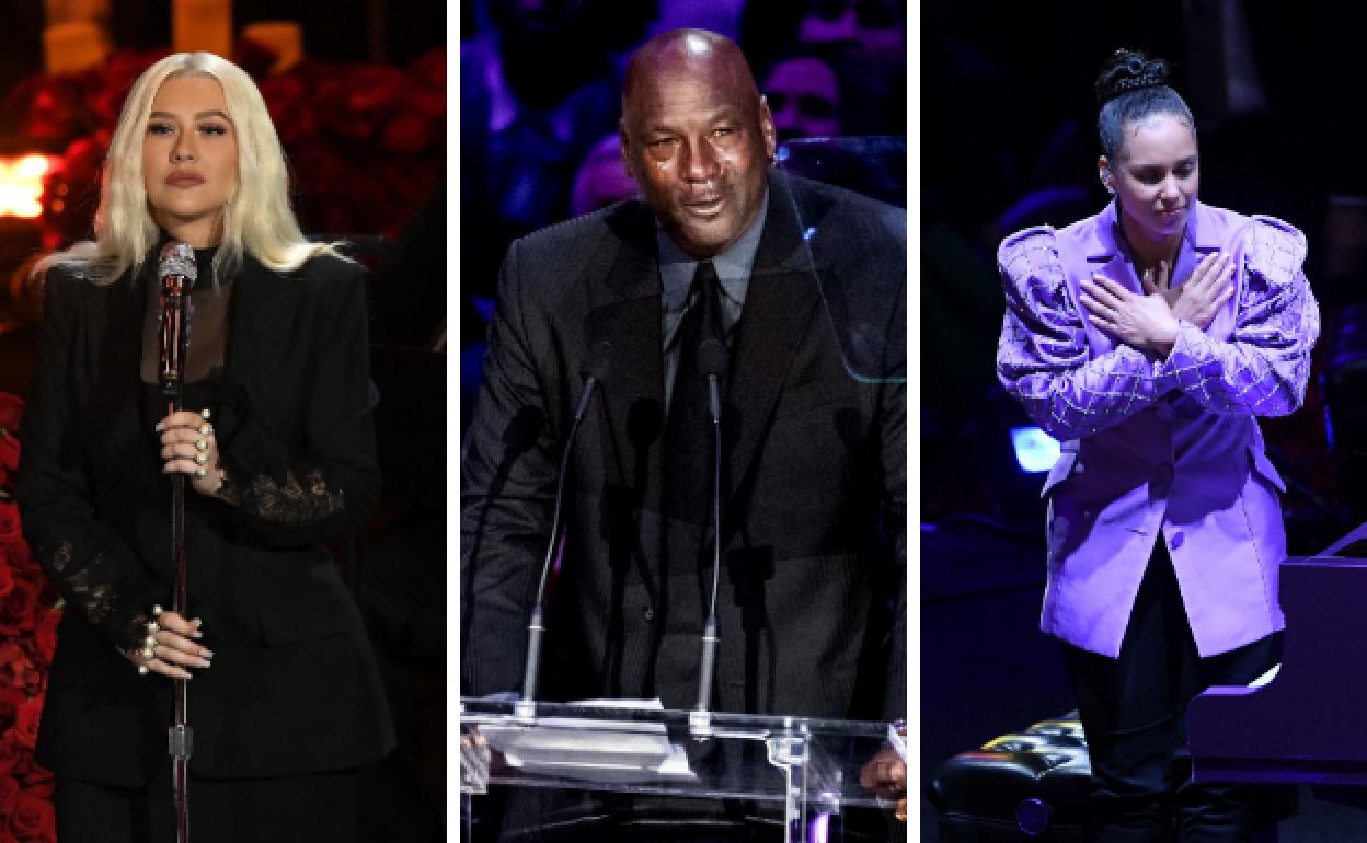 Christina Aguilera, Michael Jordan y Alicia Keys, durante el 'homenaje a Kobe Bryant.