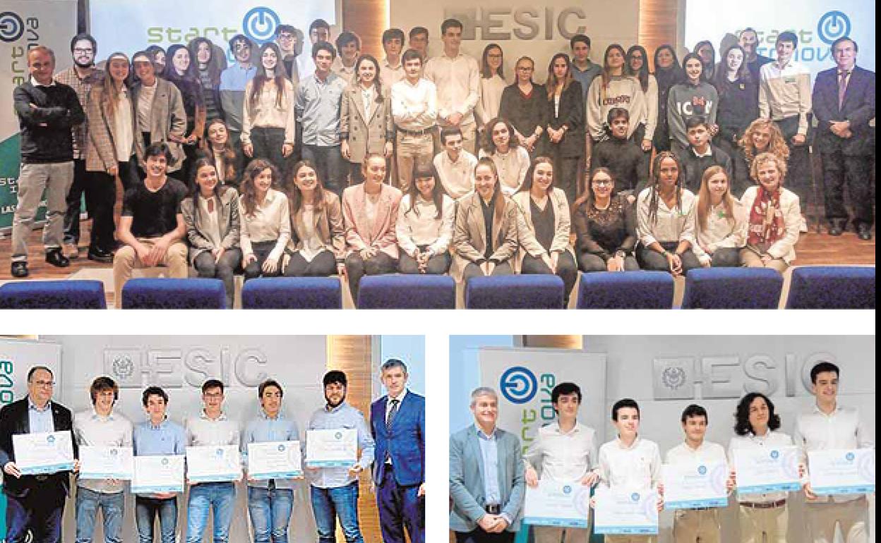 Los diez equipos finalistas de la segunda edición de StartInnova defendieron sus proyectos en el auditorio de ESIC en Valencia. El equipo de Ren Knights, abajo a la izquierda, ganadores del grupo A y los componentes de Muckrakers, abajo a la derecha, ganadores del grupo B, posan con representantes de ESIC y Las Provincias. 