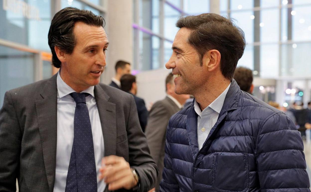 Unai Emery y Marcelino García Toral, este lunes en Valencia.