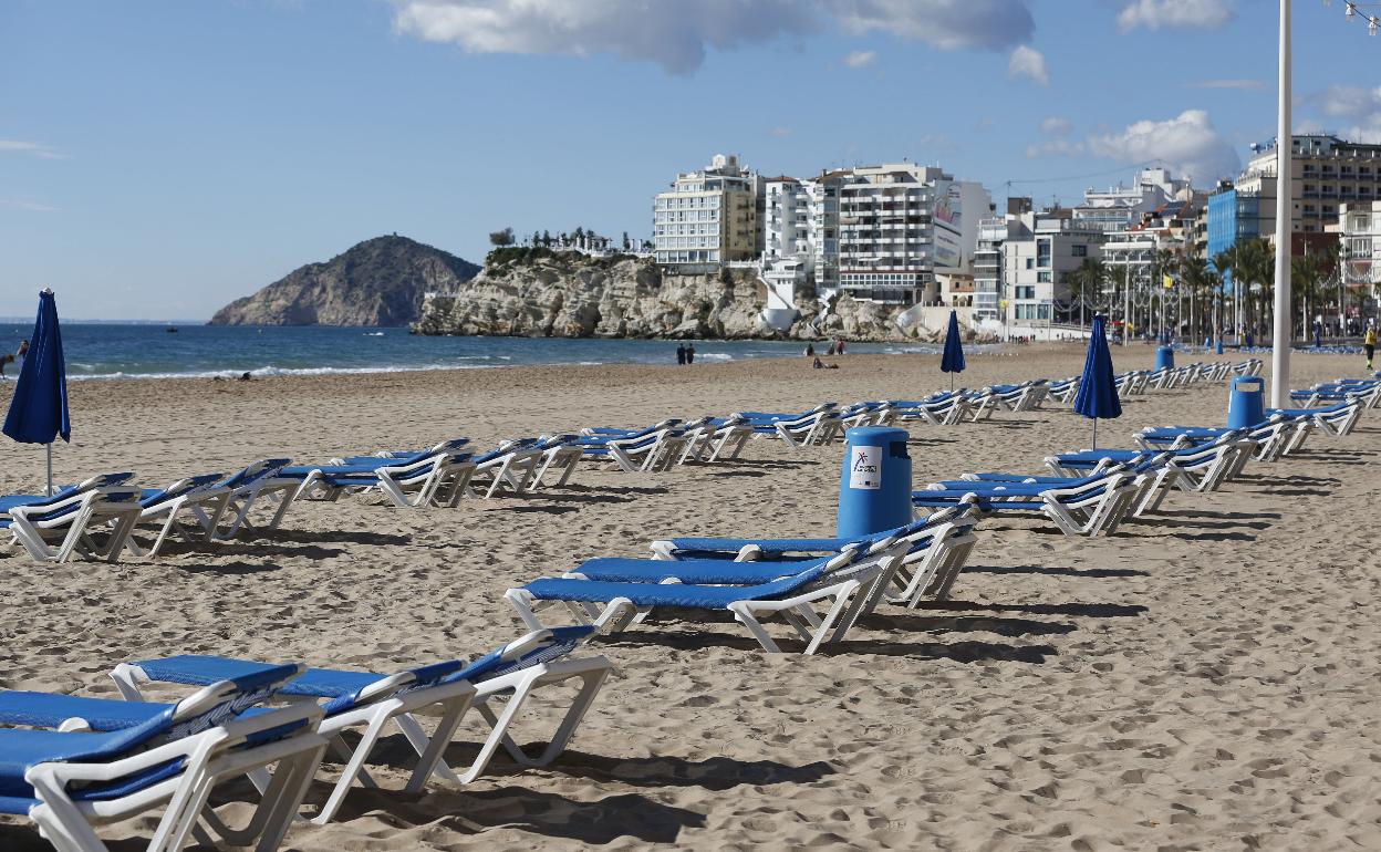 Tumbonas en un tramo de la playa de Benidorm. 