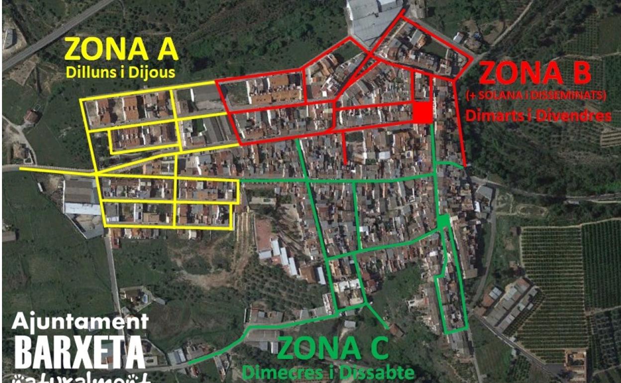 Mapa de Barxeta dividido por zonas. 