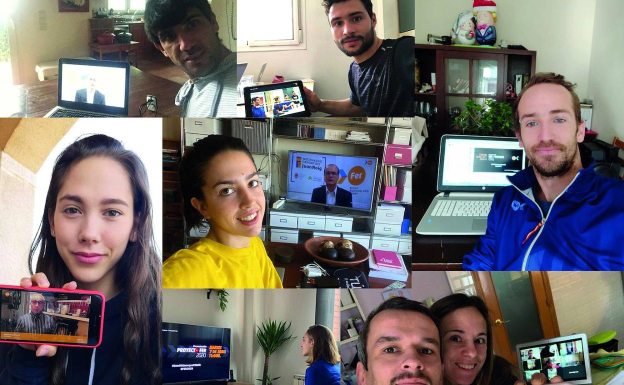 Varios deportistas del Proyecto Fer, siguiendo la presentación on-line de esta mañana.
