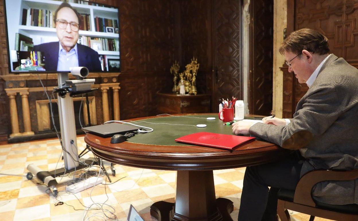 El presidente Puig, en videconferencia con el conseller Soler. 