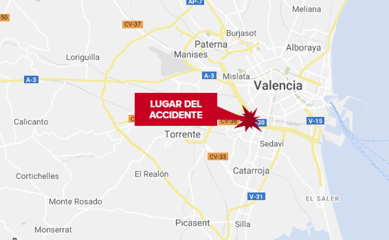 Un motorista de 45 años herido tras sufrir una caída en la V-30 de Valencia