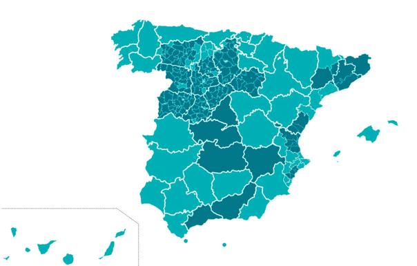 Mapa de las provincias y áreas de salud que no pasan a la Fase 1