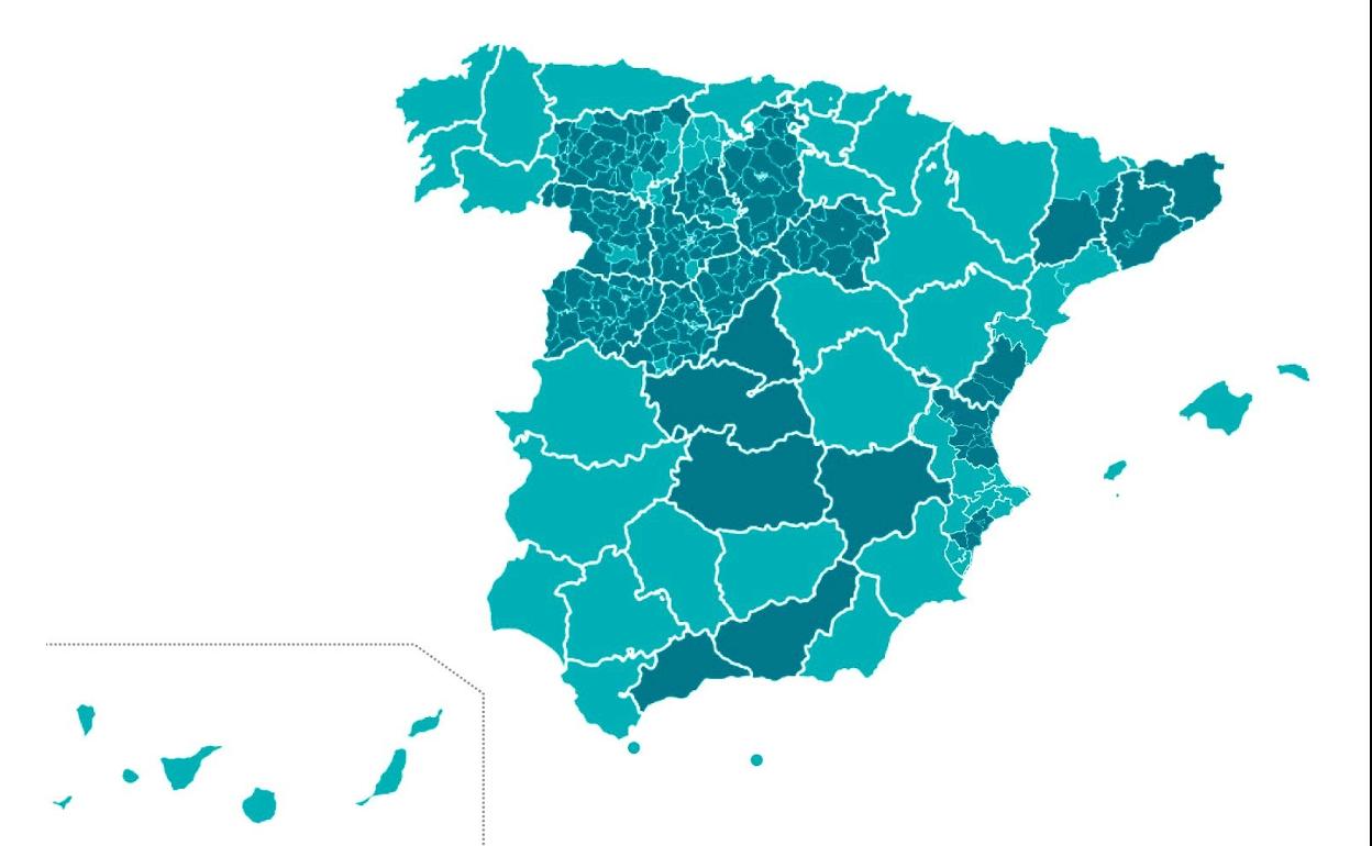 Provincias, municipios y departamentos sanitarios de España en Fase 0 y Fase 1