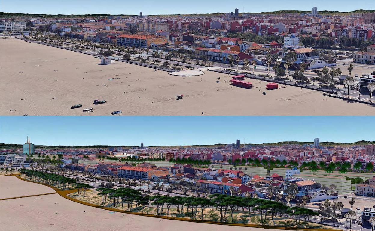 Comparación del actual paseo marítimo con una recreación de la propuesta. 