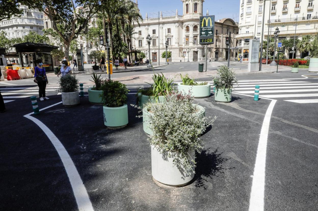 Maceteros de la Plaza, con las plantas recién instaladas. irene marsilla