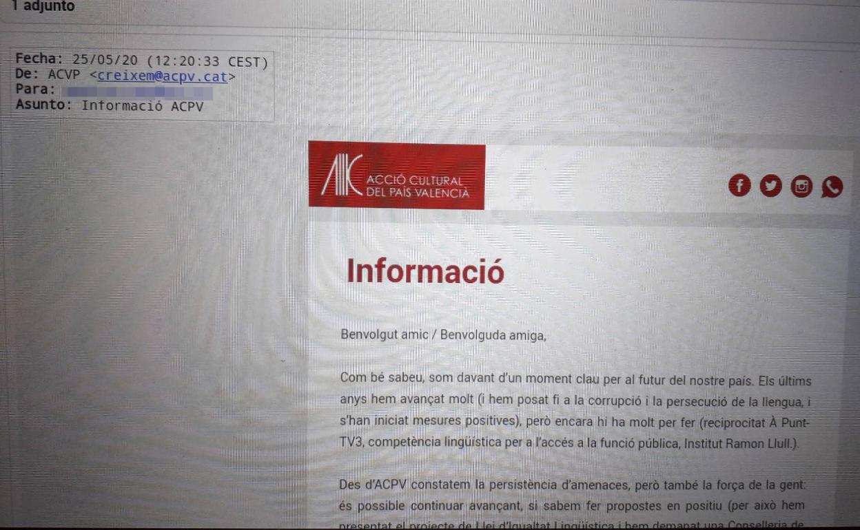 Captura de imagen del correo remitido por ACPV. 