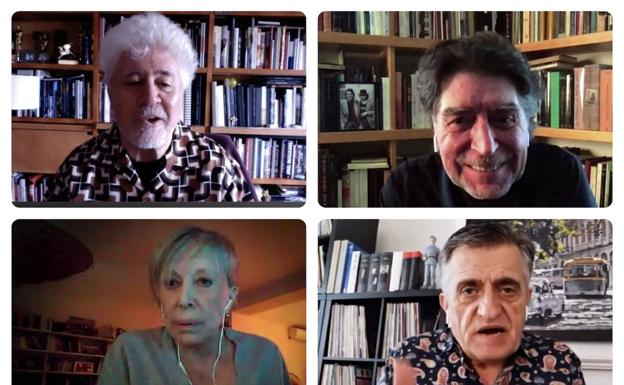 Videollamadas durante el confinamiento a Almodóvar, Sabina, Rosa María Sardá y el Gran Wyoming, todos con libros detrás.