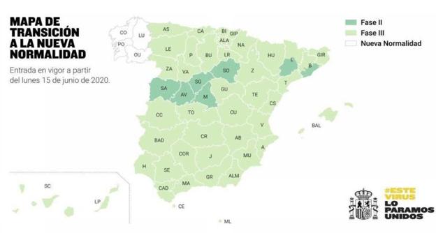 Mapa explicativo de España sobre la Transición hacia la «nueva normalidad» y que entrará en vigor a partir del día 15 de junio de 2020