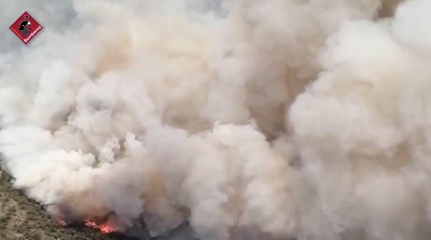 Varias dotaciones de bomberos trabajan para extinguir el fuego que afecta a la localidad alicantina.