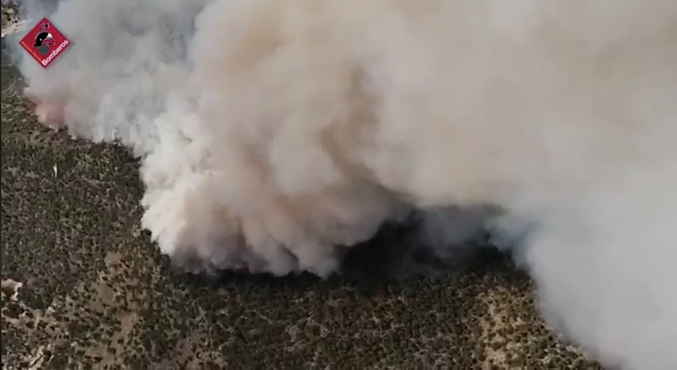 Varias dotaciones de bomberos trabajan para extinguir el fuego que afecta a la localidad alicantina.