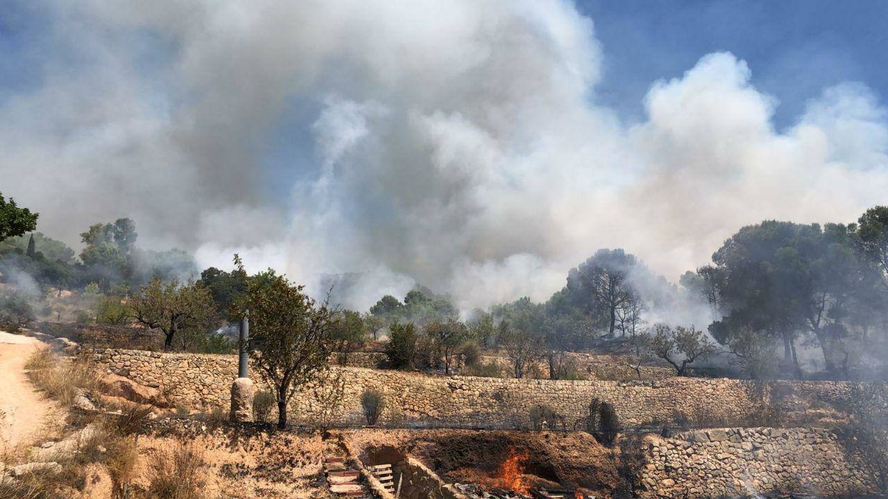 Varias dotaciones de bomberos trabajan para extinguir el fuego que afecta a la localidad alicantina.