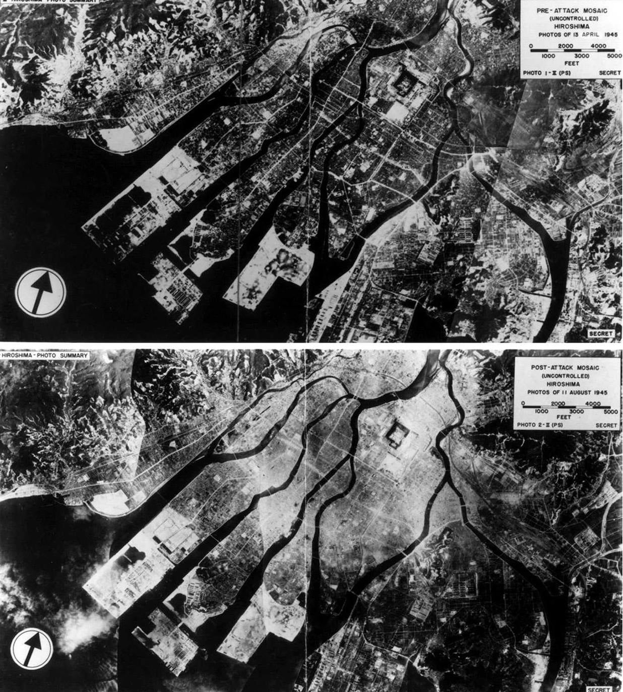 Fotos aéreas de Hiroshima, Japón, tomadas en abril de 1945 antes de que la bomba atómica fuera lanzada y, en agosto de 1945 después del bombardeo, muestran la magnitud de la devastación en la ciudad. 