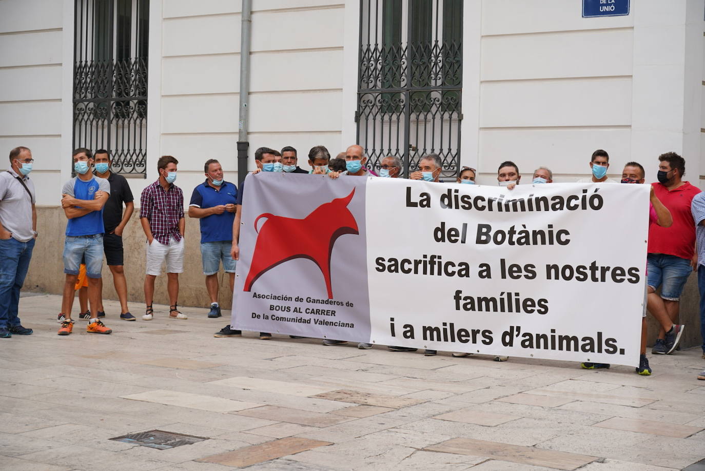 La Asociación de Ganaderos de Bous al Carrer de la Comunitat, junto a Ava-Asaja y La Unió de Llauradors, se concentra para reclamar a la Generalitat medidas de auxilio que eviten el sacrificio de más animales debido a la cancelación de festejos taurinos por el coronavirus.