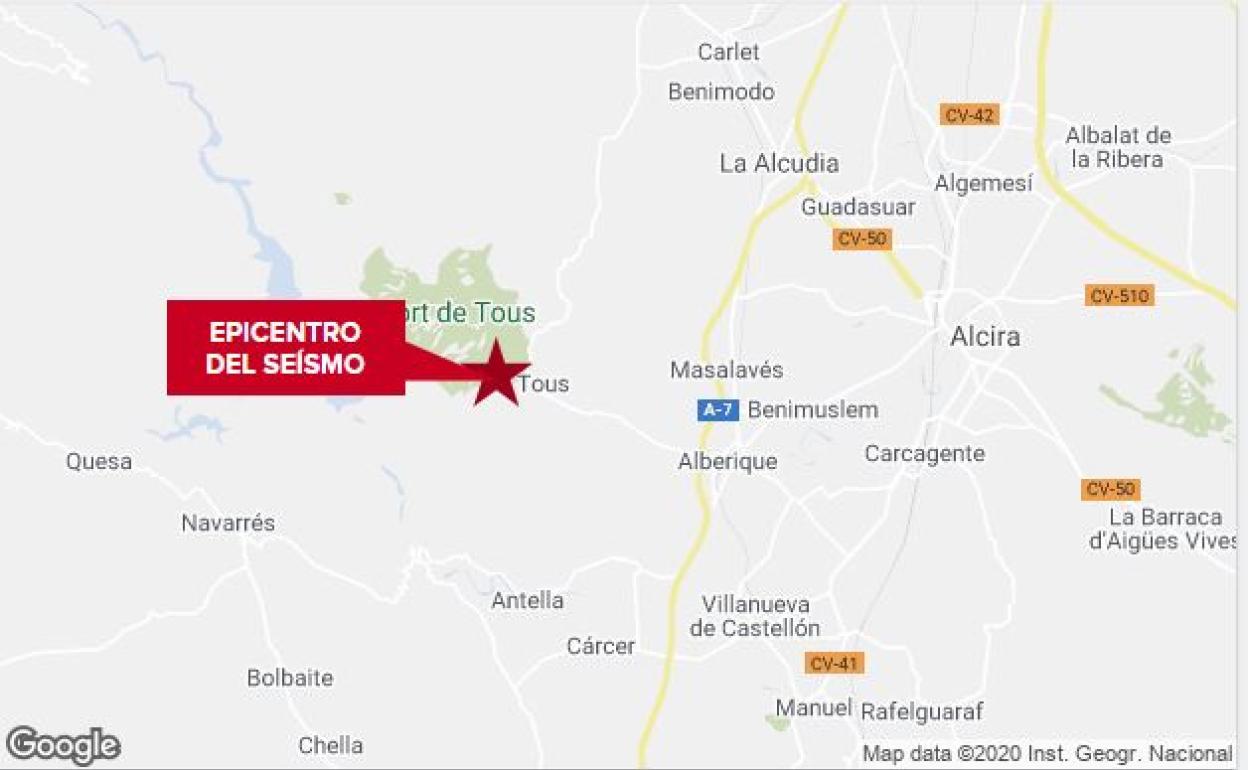 Epicentro del primer seísmo en la Ribera Alta. 