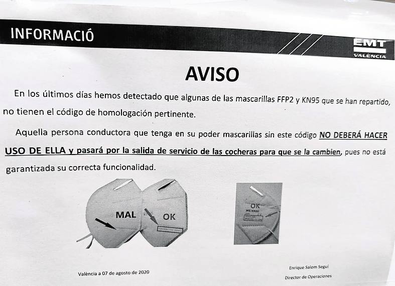 Comunicación de la EMT sobre las mascarillas.