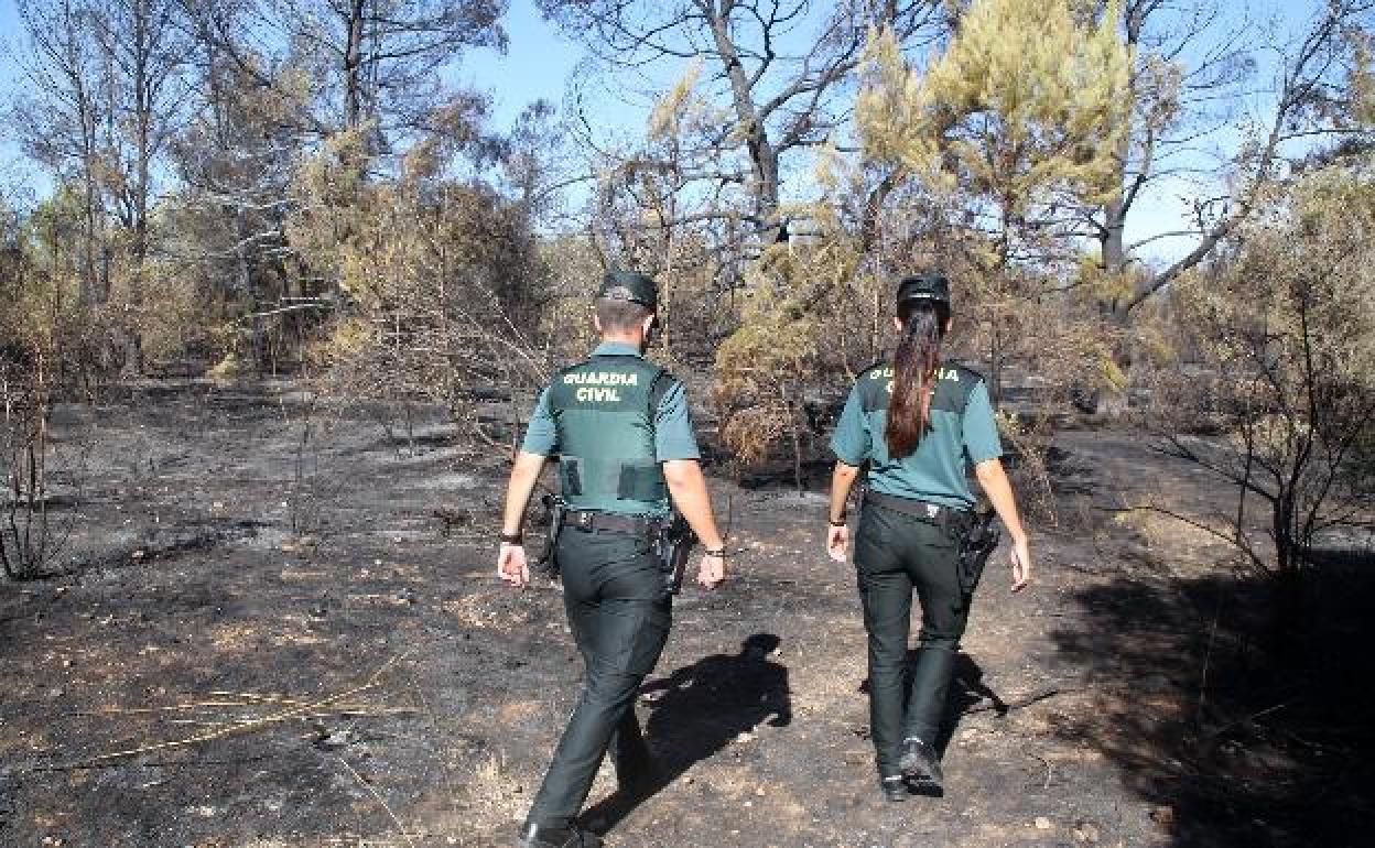 Dos agentes de la Guardia Civil supervisan el terreno quemado en la partida de Benimadroch, en Xàbia. 