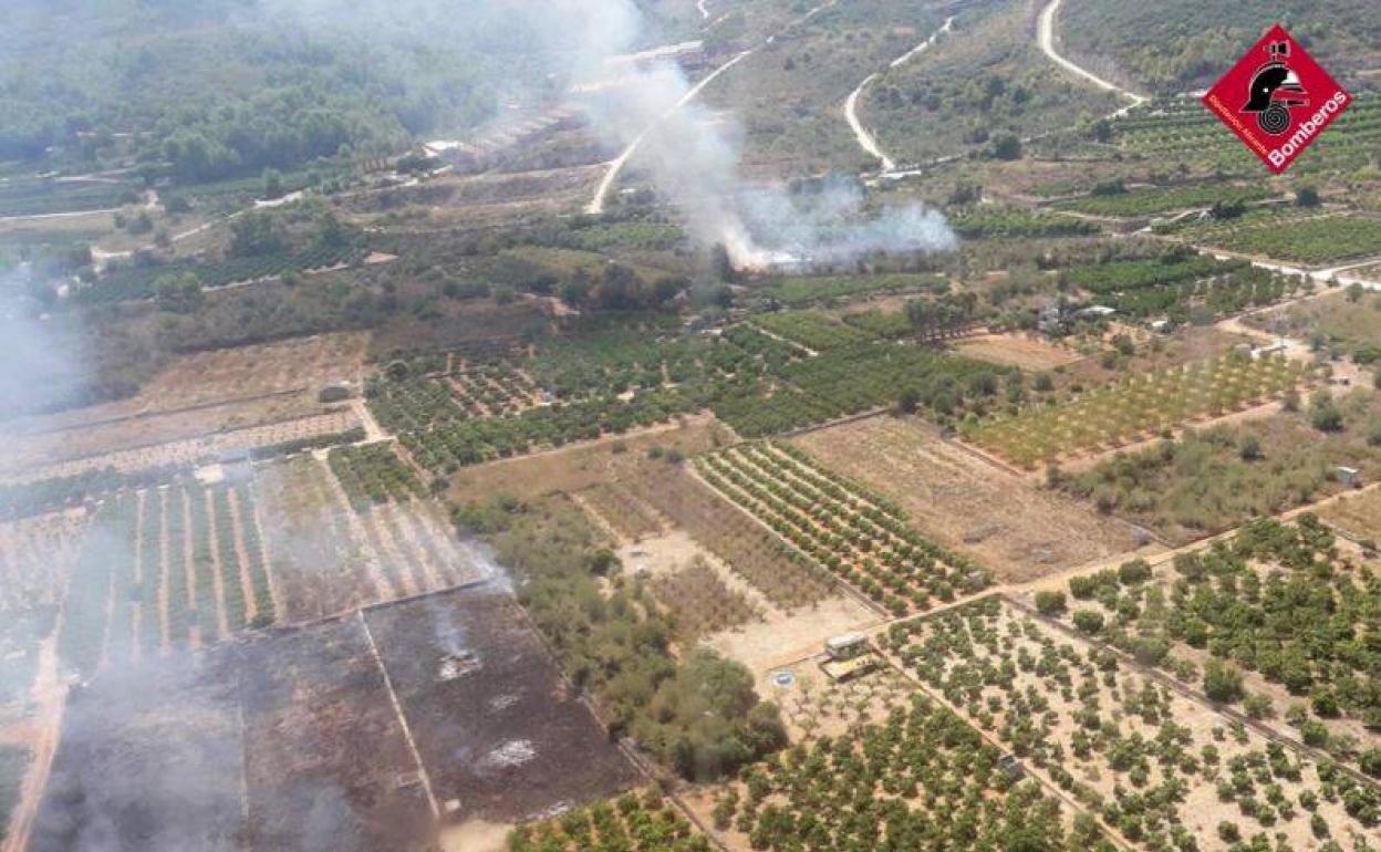 Una quema no autorizada provoca un incendio en una zona de cultivos de Pego