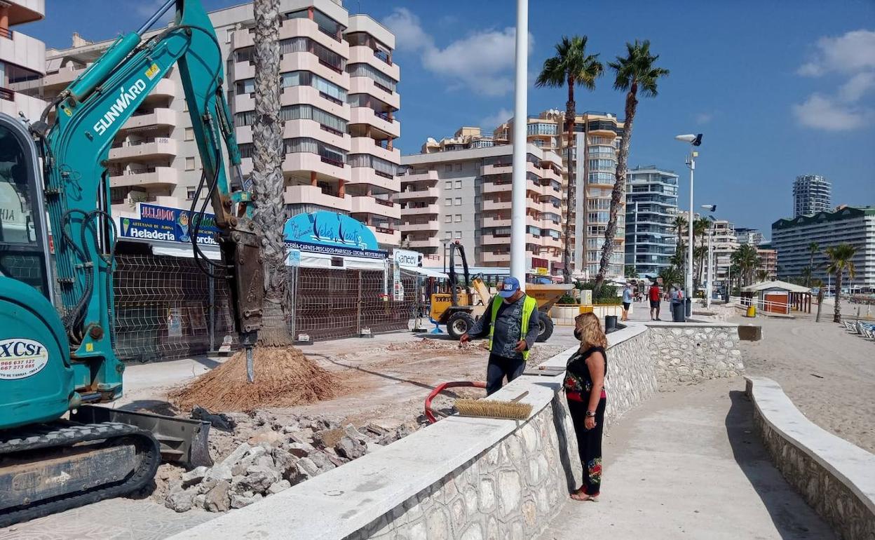 Un operario explica los trabajos en la zona a la alcaldesa de Calp, Ana Sala.