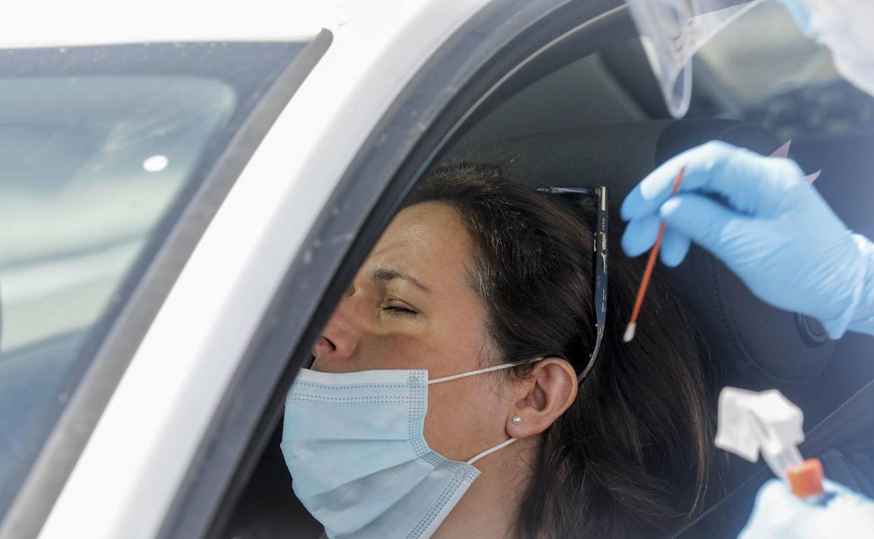 Un sanitario práctica una prueba PCR a una paciente en el interior de su vehículo. 