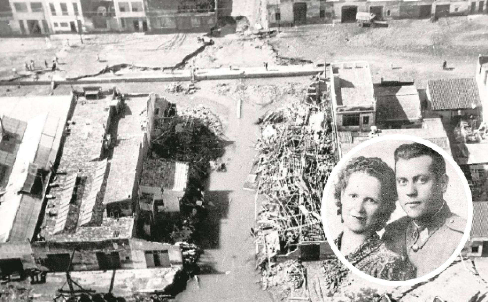 Foto aérea de Nazaret, con graves destrozos, en viviendas e instalaciones. En la parte inferior, Enrique Miguel Martín, brigada de la GUardia Civil, junto a su esposa. 