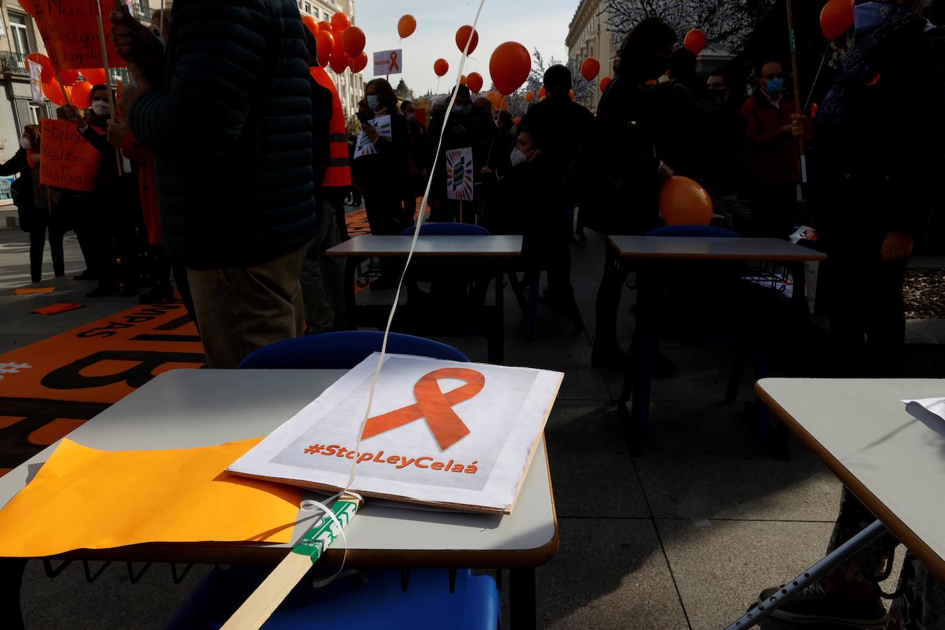 Miembros de la Plataforma Más Plurales se manifiesta en contra de la nueva ley de educación, la llamada ley Celaá, en frente del Congreso este viernes. Los manifestantes consideran que la nueva ley ataca la libertad de las familias la hora de elegir centro.