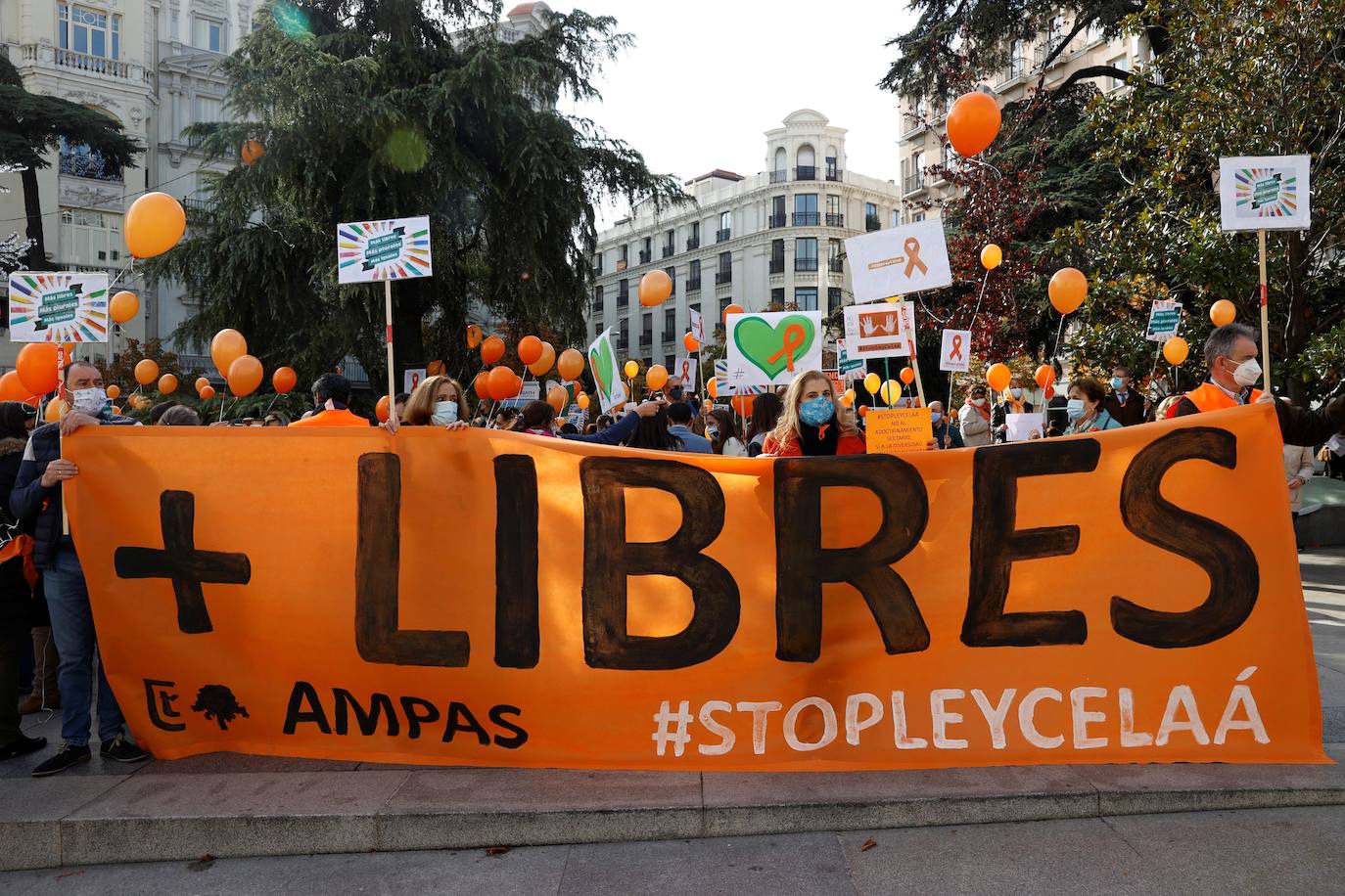 Miembros de la Plataforma Más Plurales se manifiesta en contra de la nueva ley de educación, la llamada ley Celaá, en frente del Congreso este viernes. Los manifestantes consideran que la nueva ley ataca la libertad de las familias la hora de elegir centro.