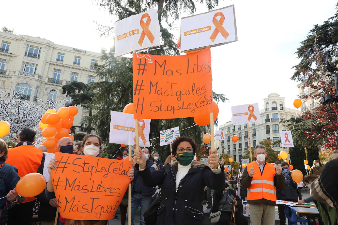 Miembros de la Plataforma Más Plurales se manifiesta en contra de la nueva ley de educación, la llamada ley Celaá, en frente del Congreso este viernes. Los manifestantes consideran que la nueva ley ataca la libertad de las familias la hora de elegir centro.