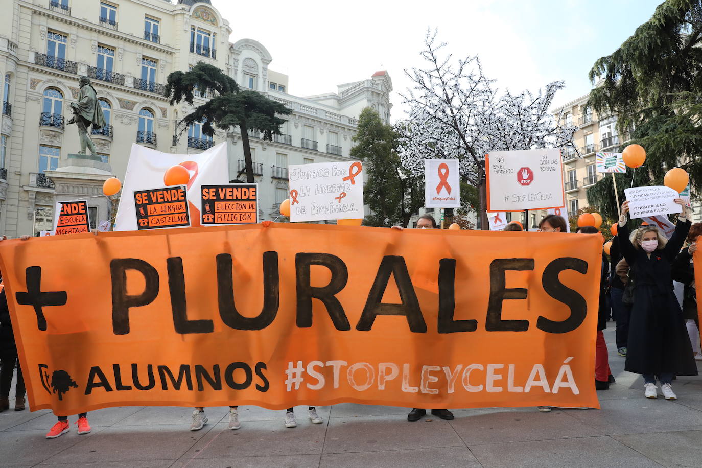 Miembros de la Plataforma Más Plurales se manifiesta en contra de la nueva ley de educación, la llamada ley Celaá, en frente del Congreso este viernes. Los manifestantes consideran que la nueva ley ataca la libertad de las familias la hora de elegir centro.