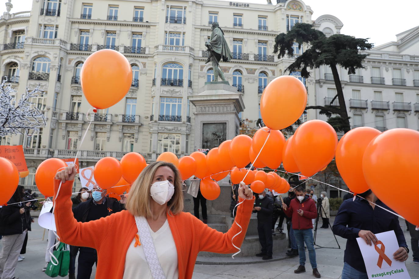 Miembros de la Plataforma Más Plurales se manifiesta en contra de la nueva ley de educación, la llamada ley Celaá, en frente del Congreso este viernes. Los manifestantes consideran que la nueva ley ataca la libertad de las familias la hora de elegir centro.