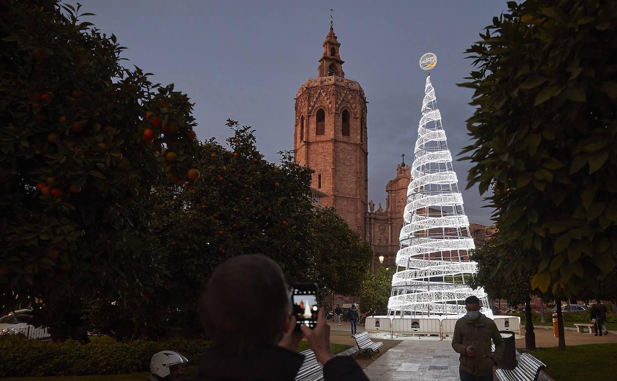 Árbol navideño en la plaza de la Reina colocado por los comerciantes. 