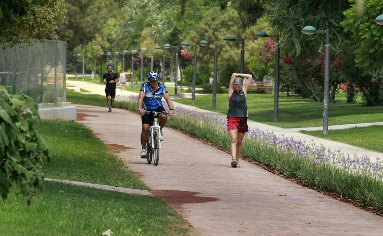 Un ciclista usa el carril destinado a los corredores, en el viejo cauce del Turia. 