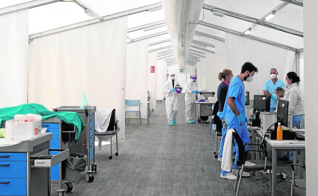 Varios profesionales trabajan en el hospital de campaña de Valencia. 