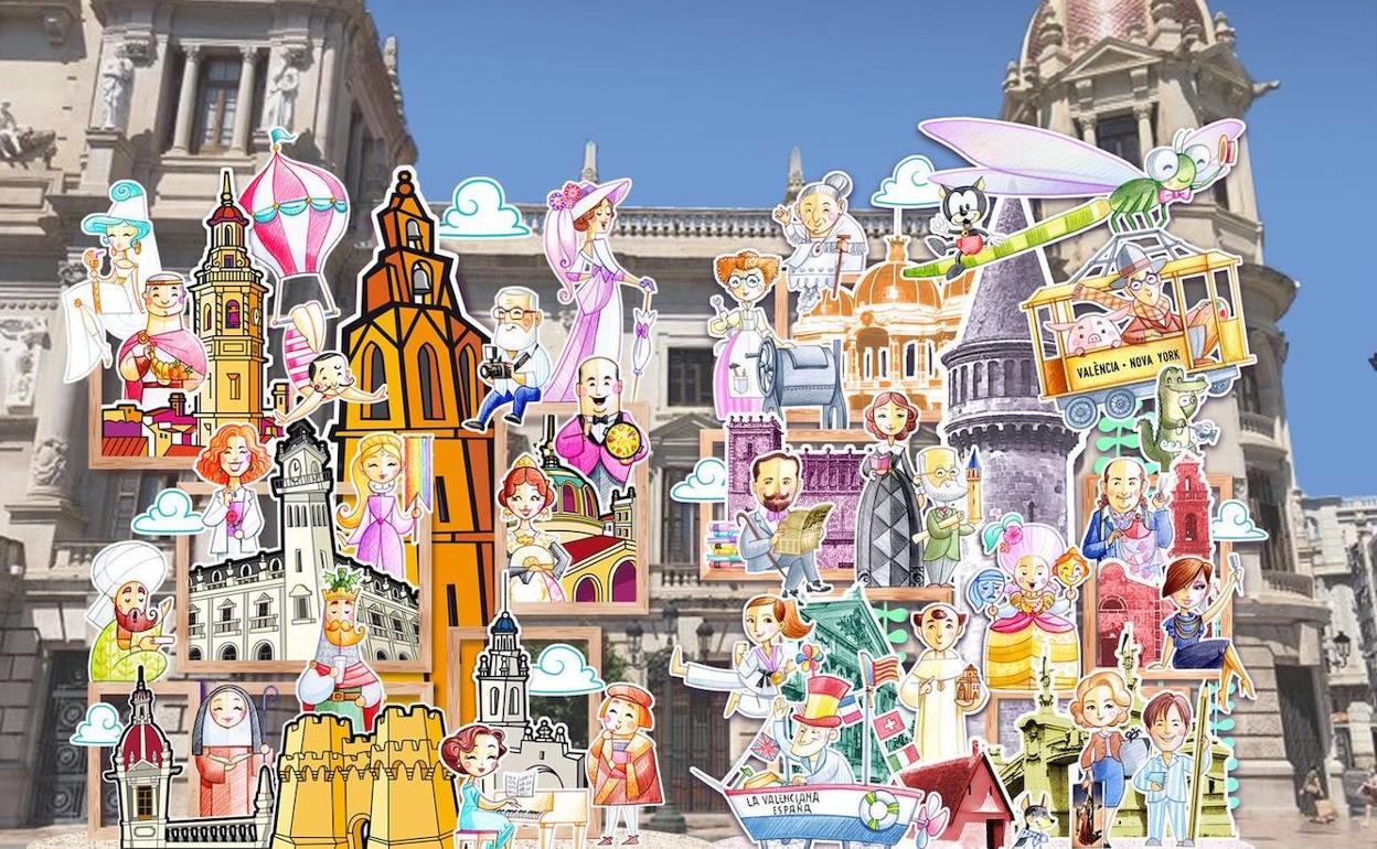 Montaje de las fallas municipales infantiles de 2020 y 2021 que se plantarán en la plaza del Ayuntamiento obra de Ceballos y Sanabria. 