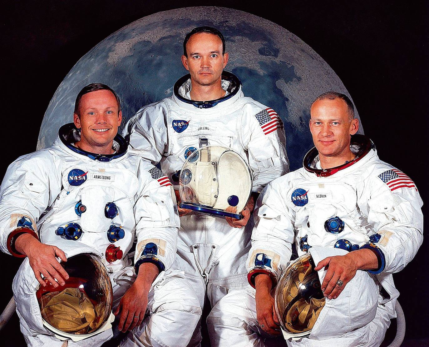 Neil A. Armstrong, comandante; Michael Collins, piloto del módulo de mando; y Edwin E. Aldrin Jr.Tripulación de astronautas de la misión de aterrizaje lunar Apolo 11.